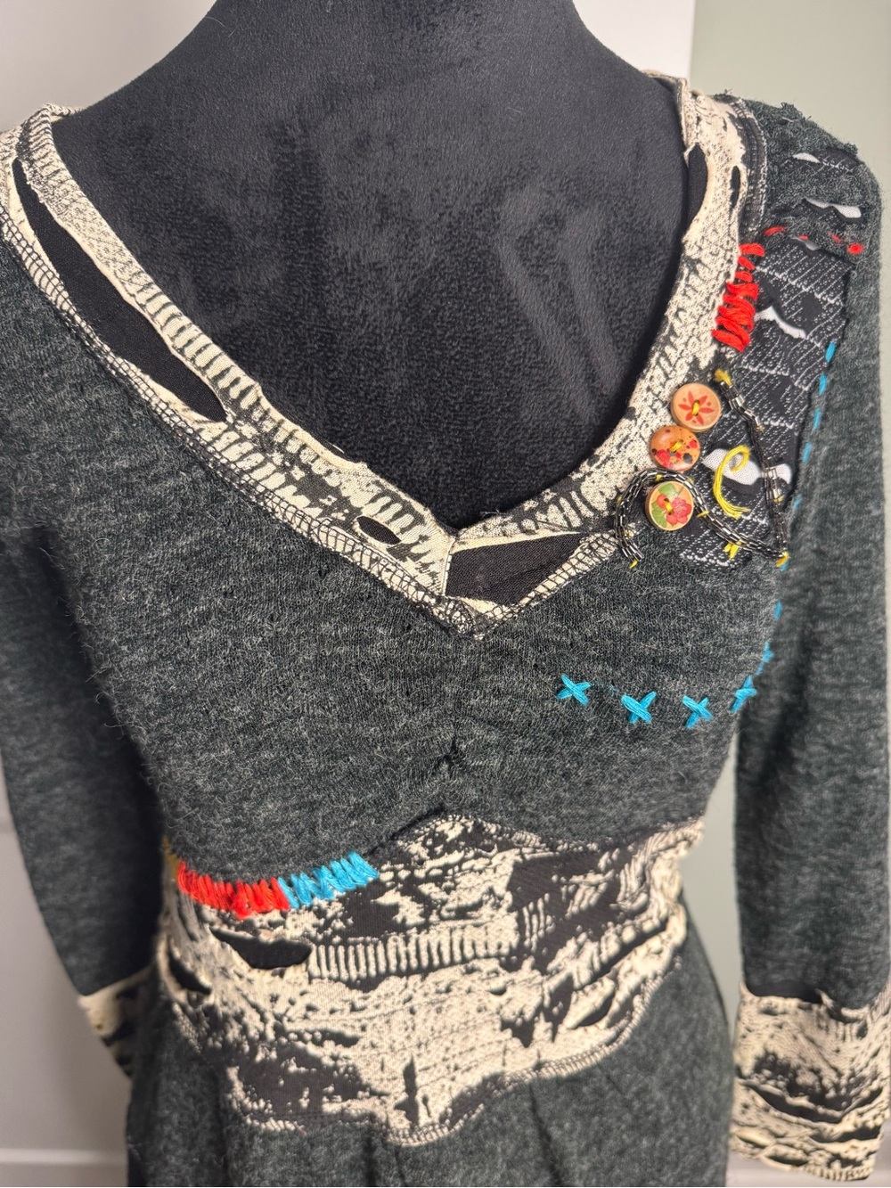 Forla Paris Grey Mixed media Print Long Sleeve V-Neck Dress lagenlook boho - Picture 2 of 9